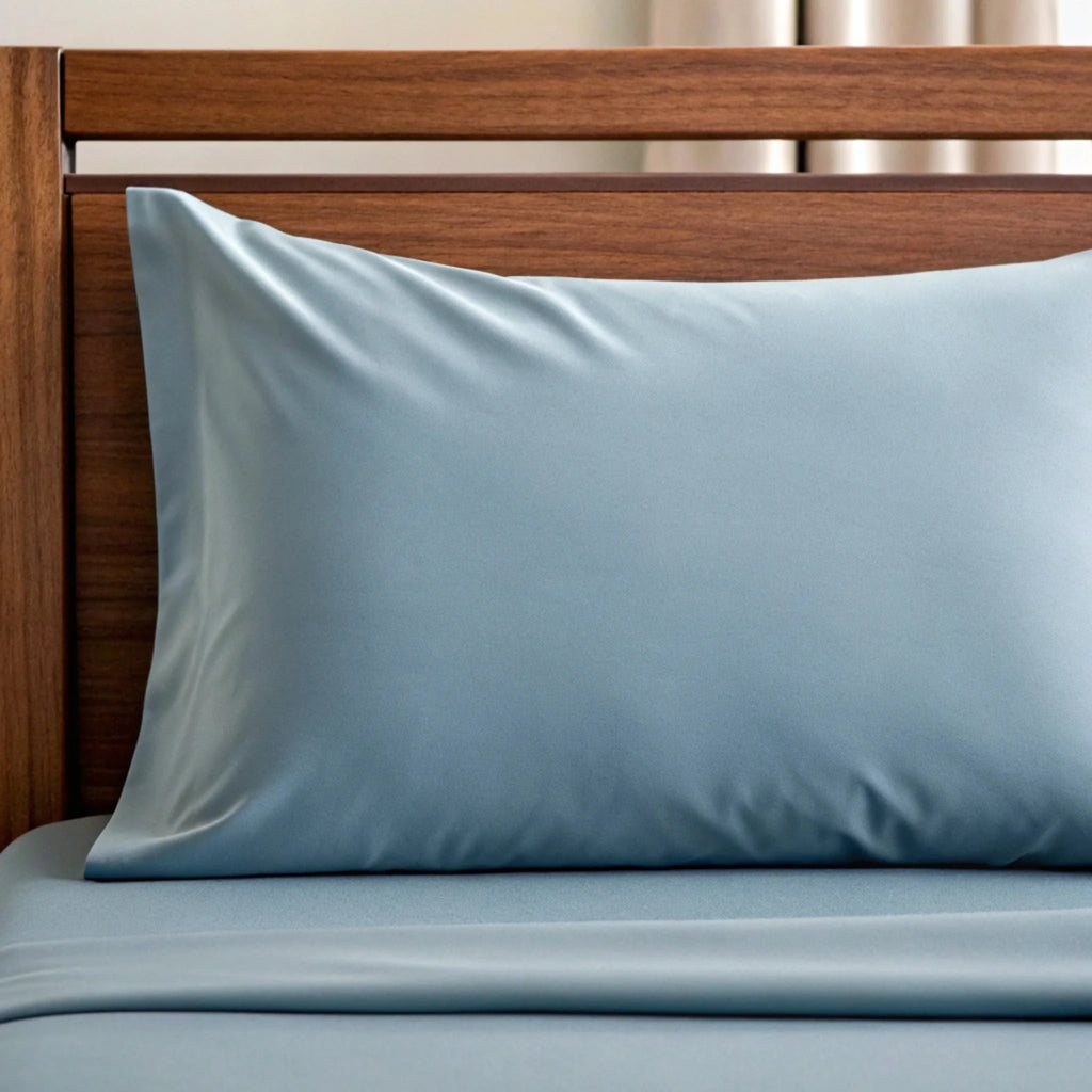 Blue pillow and sheets on a bed with a wooden headboard.